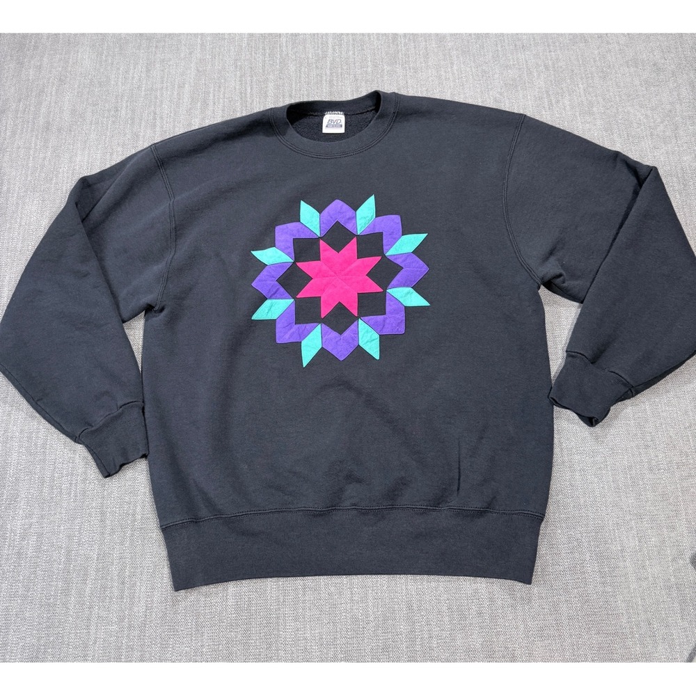 Vintage BVD Made in USA Graphic Crewneck Sweatshirt Black Large Geometric Star